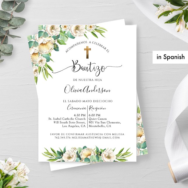 Invitation Espagnol, Verdure et Baptême Floral Blanc (Créateur téléchargé)