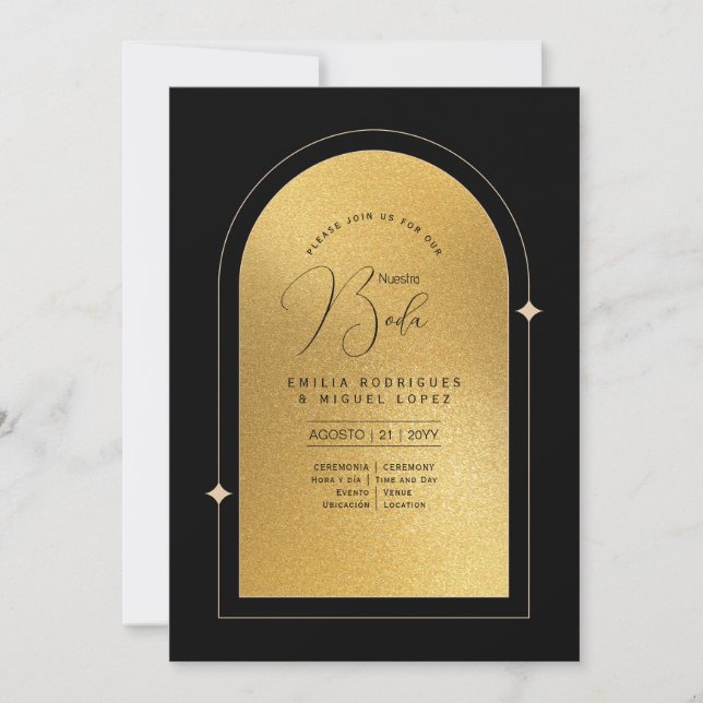 Invitation Espanol Invitación Boda Elegant Mariage d'or noir (Devant)