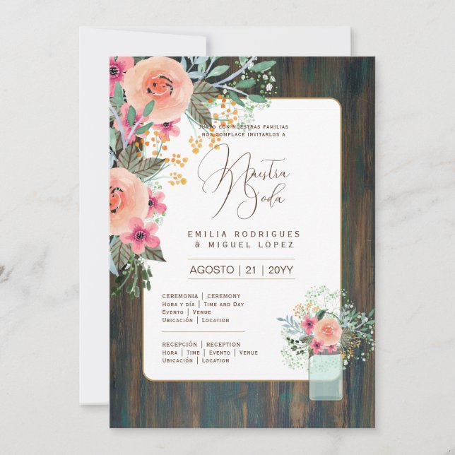 Invitation Espanol Invitación de Boda Floral Mariage Rustic I (Devant)