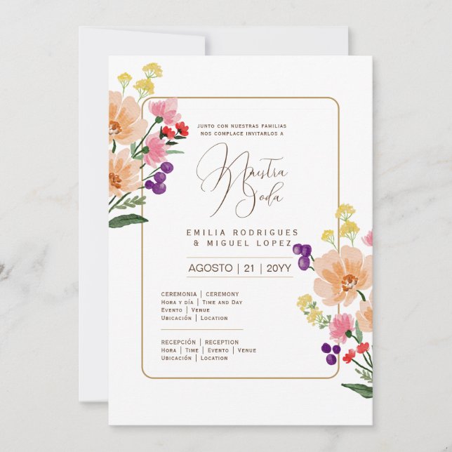 Invitation Espanol Invitación de Boda Mariage Floral d'été (Devant)