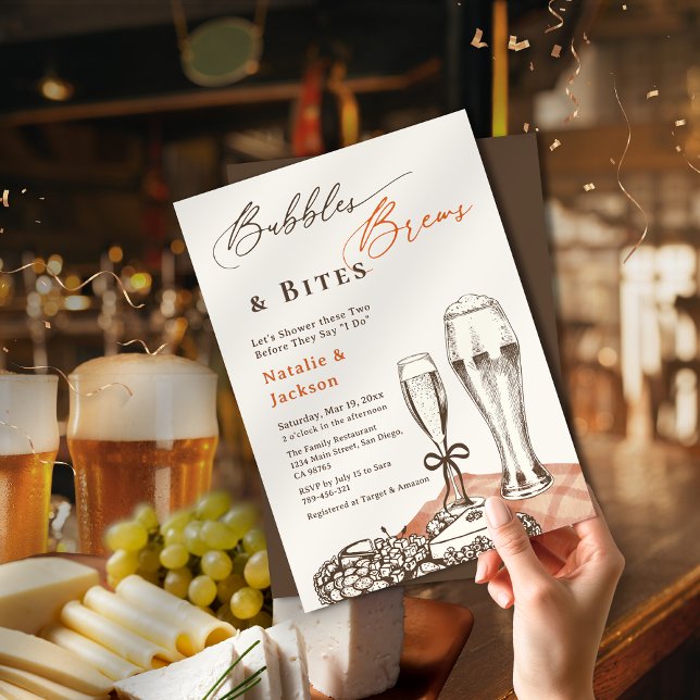 Invitation Esquisse à la main Bubbles Brews & Bites Couples D (Hand Sketch Bubbles Brews & Bites Couples Shower Invitation)