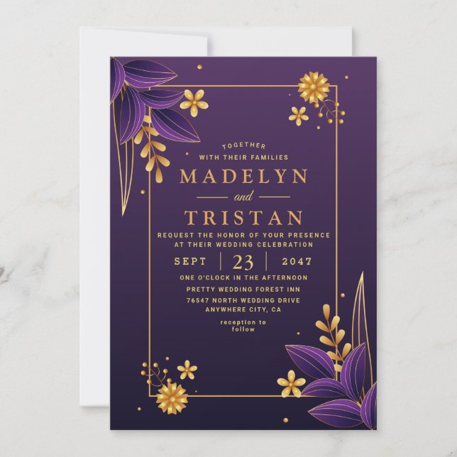 Invitation Esthétique violet et or Mariage photo floral (Devant)