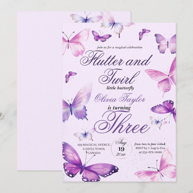 Invitation Été 3 Anniversaire Filles papillon Anniversaire (Devant / Derrière)