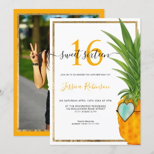 Invitation Été ananas cool cadre or Sweet 16 photo
