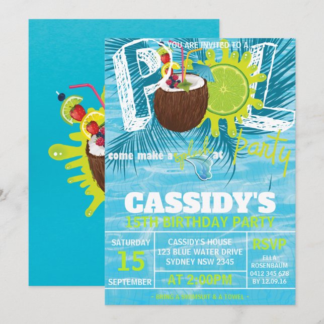 Invitation Été Anniversaire Piscine Fête de la noix de coco (Devant / Derrière)