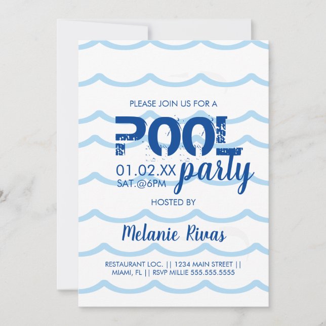 Invitation Été Anniversaire Pool Party Blue Waves Motif (Devant)