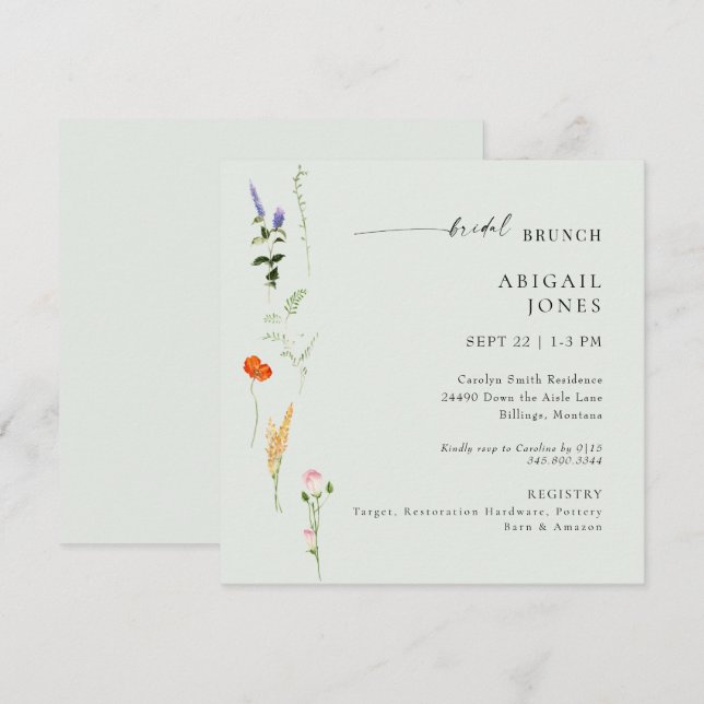 Invitation Été Aquarelle Florale Sage Bridal Brunch (Devant / Derrière)