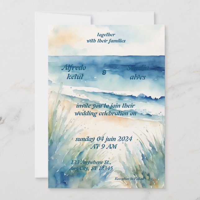 Invitation été aquarelle plage océan bleu mariage (Devant)