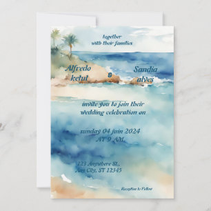 Invitation été aquarelle plage océan bleu mariage