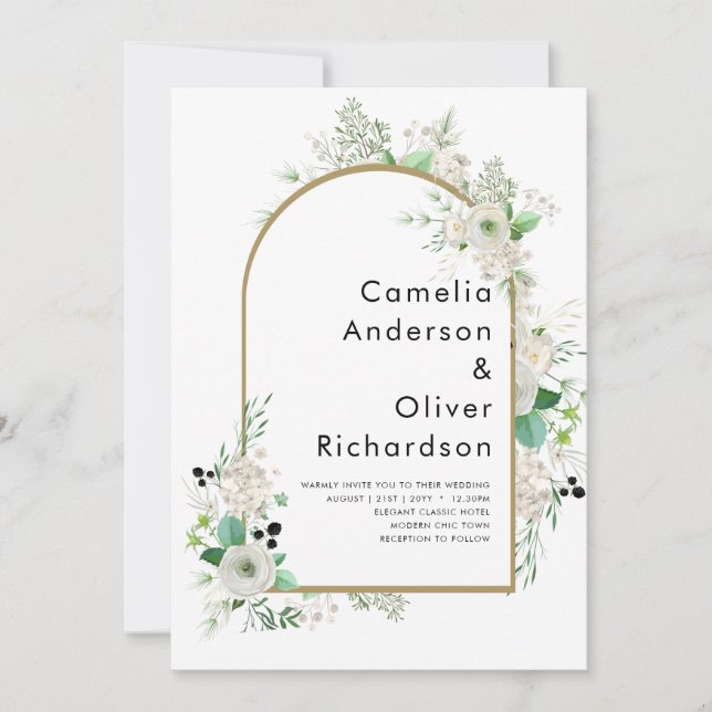 Invitation Été Blanc Roses Emeraude Mariage (Devant)