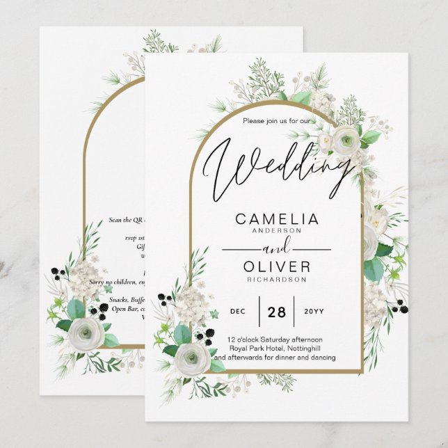 Invitation Été Blanc Roses Émeraude Sage Verdure MARIAGE (Devant / Derrière)