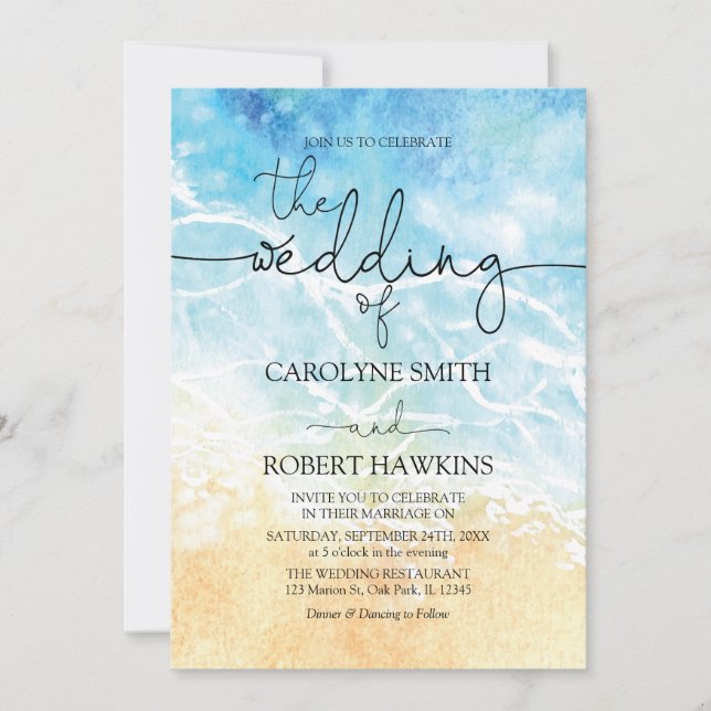 Invitation Eté Blue Ocean Beach Watercolor Mariage (Devant)