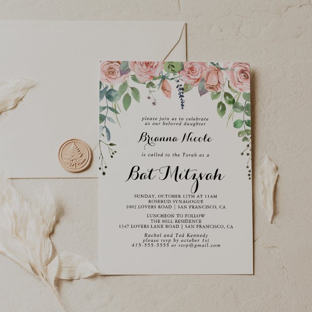 Invitation Été Breeze Floral Calligraphie Bat mitzvah (Créateur téléchargé)