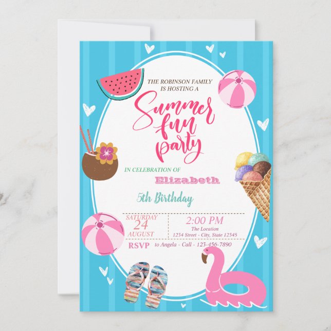 Invitation Été Crème glacée Piscine Jeux Anniversaire (Devant)