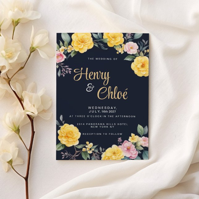 Invitation Été jaune rose menthe marine bleu péréales Mariage (Summer yellow pink mint navy blue peonies Wedding )
