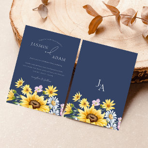 Invitation Été Marine Bleu tournesol Monogramme Mariage