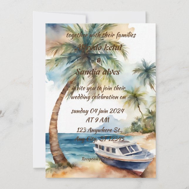 Invitation été plage palmier tropical aquarelle mariage (Devant)