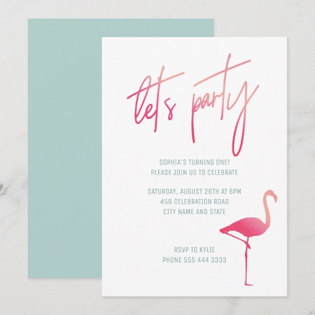 Invitation Été premier anniversaire rose & menthe flamingo in (Devant / Derrière)
