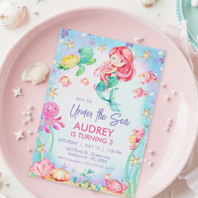 Invitation Été Sirène à cheveux rouges sous la mer Anniversai (Under the Sea Birthday Invitation Any age, Red Hair Mermaid Birthday Invitation Girl, Sea Creatures)