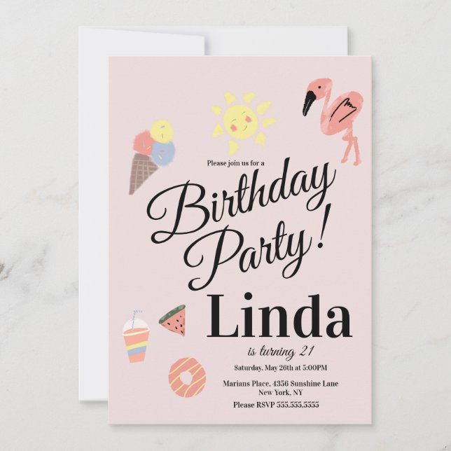 Invitation Eté Thème Anniversaire Main Dessinée Doodles (Devant)