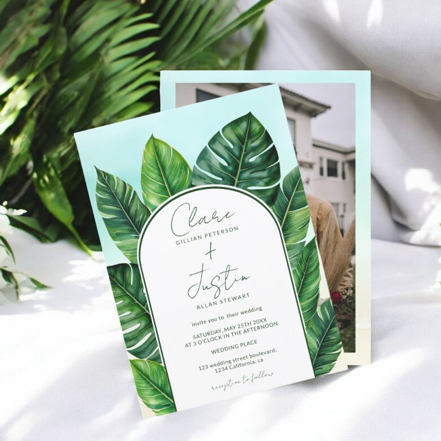 Invitation Été Végétation Tropicale Plage Mariage Photo (Summer Tropical Greenery Beach Wedding Photo Invitation)