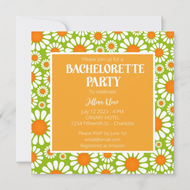 Invitation Été Vert et Orange Retro Daisy Bachelorette (Devant)