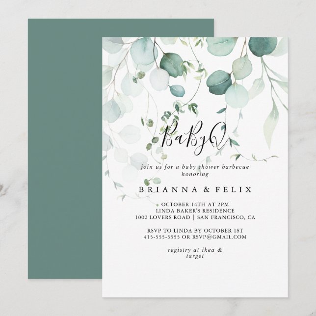 Invitation Été Vert Eucalyptus BabyQ Baby shower Barbecue (Devant / Derrière)
