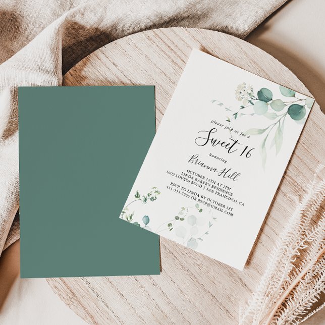 Invitation Été Vert Eucalyptus Doux 16 Anniversaire Fête (Créateur téléchargé)