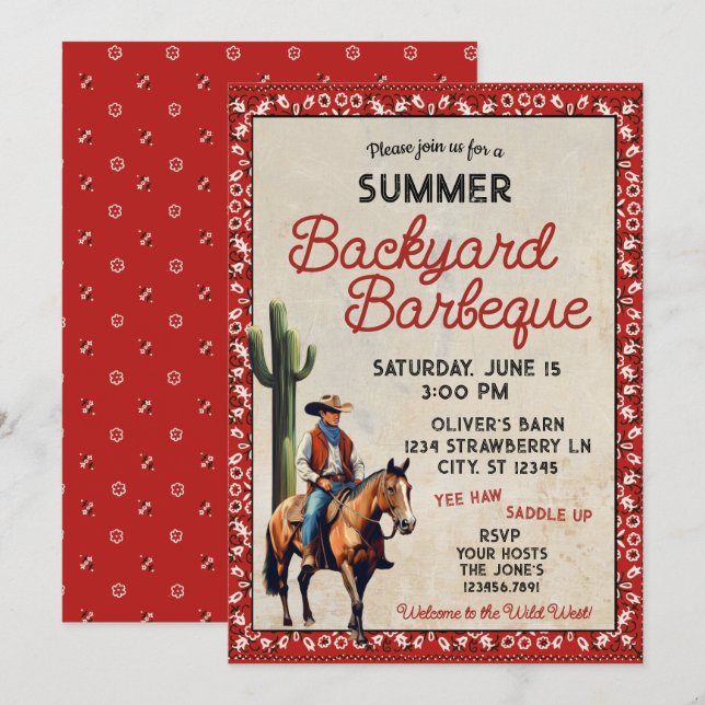 Invitation Été Western Cowboy Jardin Barbeque (Devant / Derrière)