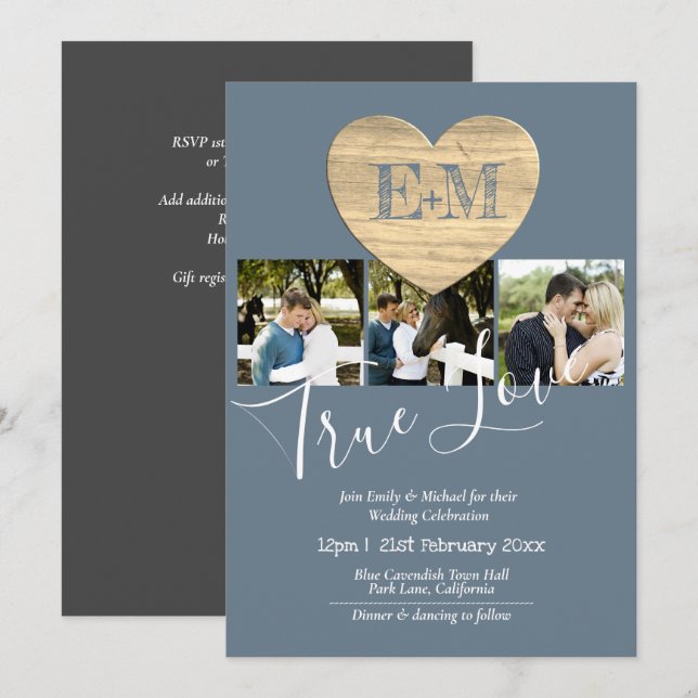 Invitation Eternal Heart Steel Blue Photo Collage Mariage (Devant / Derrière)