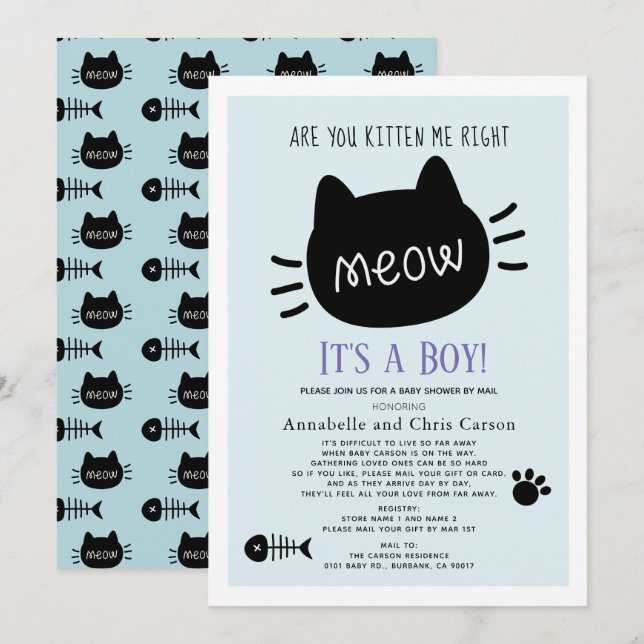 Invitation Êtes-vous Kitten Me Blue Boy Baby shower par la po (Devant / Derrière)