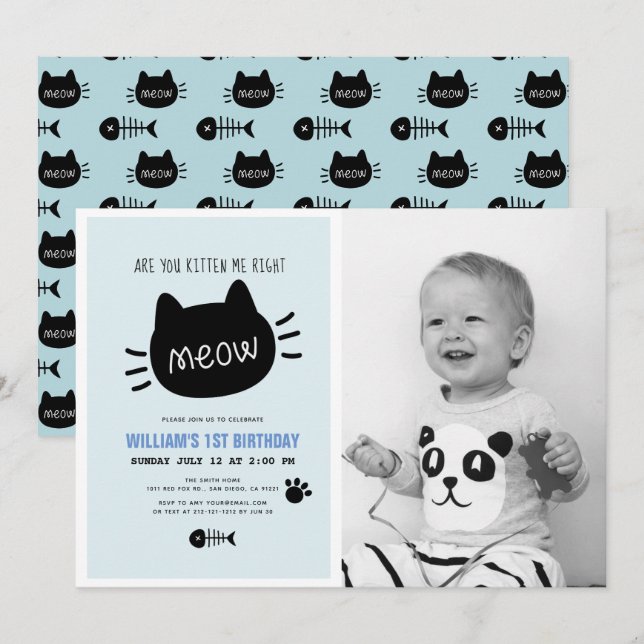 Invitation Êtes-vous Kitten Me Droite Meow Blue BIrthday Phot (Devant / Derrière)