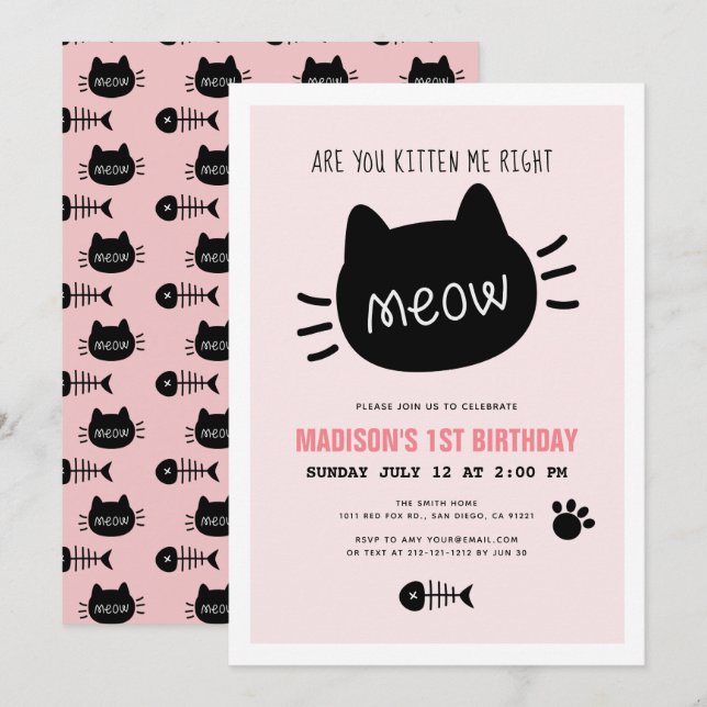 Invitation Êtes-Vous Kitten Me Juste Meow Pink BIrthday (Devant / Derrière)