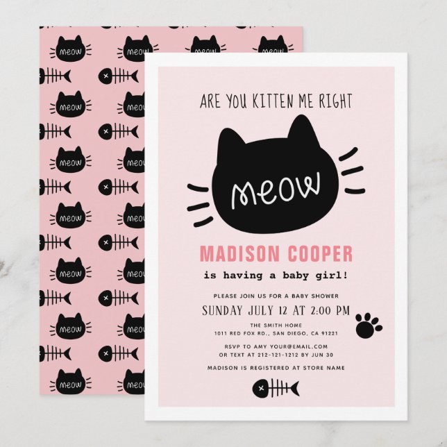 Invitation Êtes-Vous Kitten Me Juste Meow Rose Girl Baby show (Devant / Derrière)