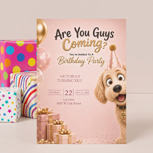Invitation Êtes-vous là ? Drôle de chien rose gêné pour un an