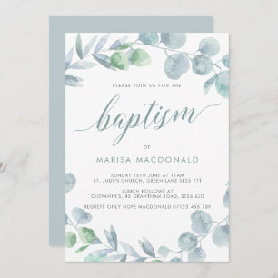 Invitation Ethéal Eucalyptus Dusty Baptême bleu