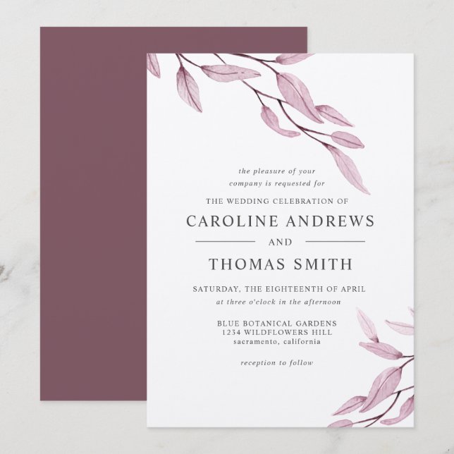 Invitation Ethereal Bourgogne | mariage Feuille botanique (Devant / Derrière)