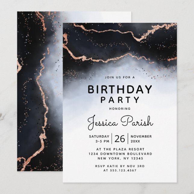 Invitation Ethereal Mist Ombre Marine Blue Moody Anniversaire (Devant / Derrière)