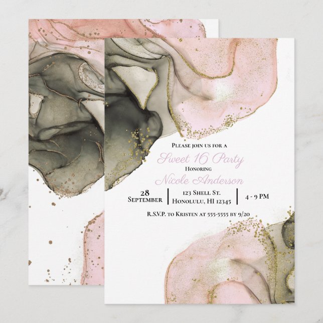 Invitation Ethereal Moody Rose Black Gold Inky Sweet 16 (Devant / Derrière)