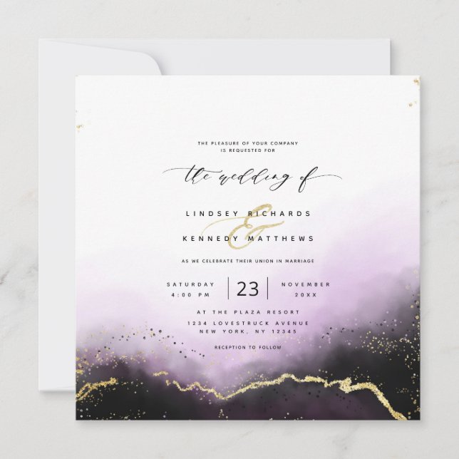 Invitation Ethereal Ombre Purple Gold Luxury Carré Mariage (Devant)
