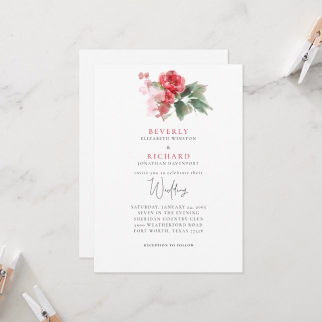 Invitation Ethereal Red floral Elegant Wedding (Devant/Arrière en situation)