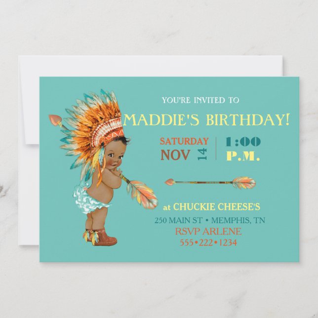 Invitation Ethnic Baby Girl Native Tribal Headdress Moccasins (Devant)