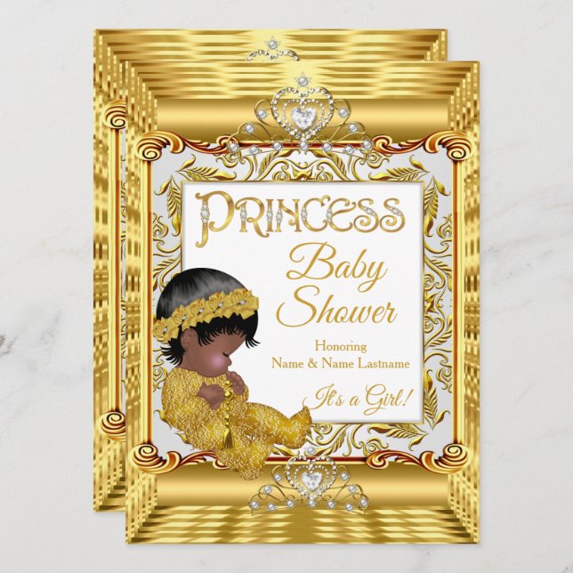 Invitation Ethnic Dark Golden Princess Girl Baby shower Gold (Devant / Derrière)