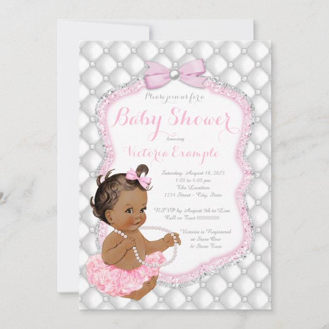 Invitation Ethnic Girl rose Tutu Pearl Baby shower (Devant)