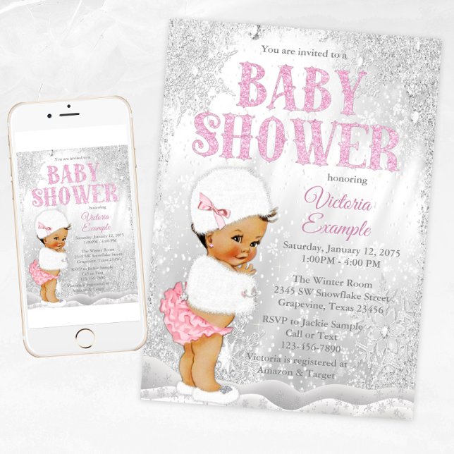 Invitation Ethnic Girl'hiver Wonderland Baby shower (Snowflake baby shower invitation with cute baby girl on a silver snowflake background.)