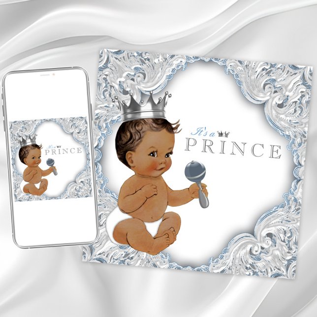 Invitation Ethnic Prince Baby shower Blue and Silver (Baby blue and silver baby shower invitation. Instant download and printed invitations available.)