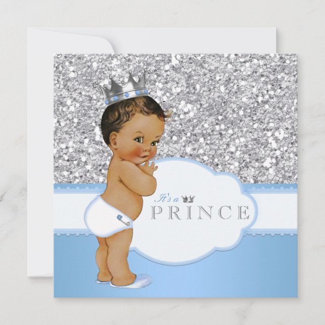 Invitation Ethnic Prince Baby shower Blue and Silver (Devant)