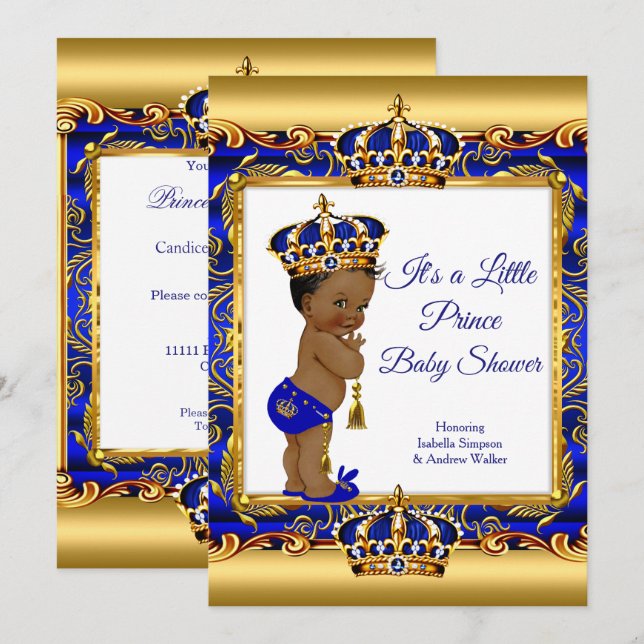 Invitation Ethnic Prince Boy Baby shower Blue Ornate Gold (Devant / Derrière)