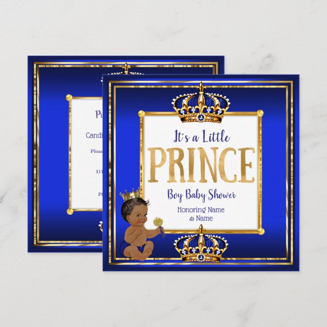 Invitation Ethnic Prince Boy Baby shower Royal Blue Gold (Devant / Derrière)