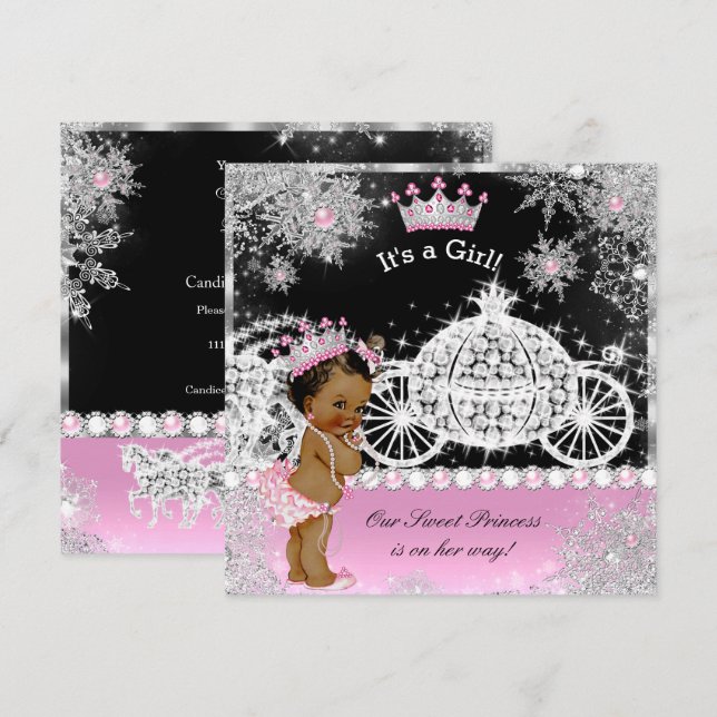 Invitation Ethnic Princess Baby shower Carriage rose noir (Devant / Derrière)